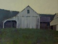 An oil painting of barns at Stoney Point Farm in Hillsboro, VA.